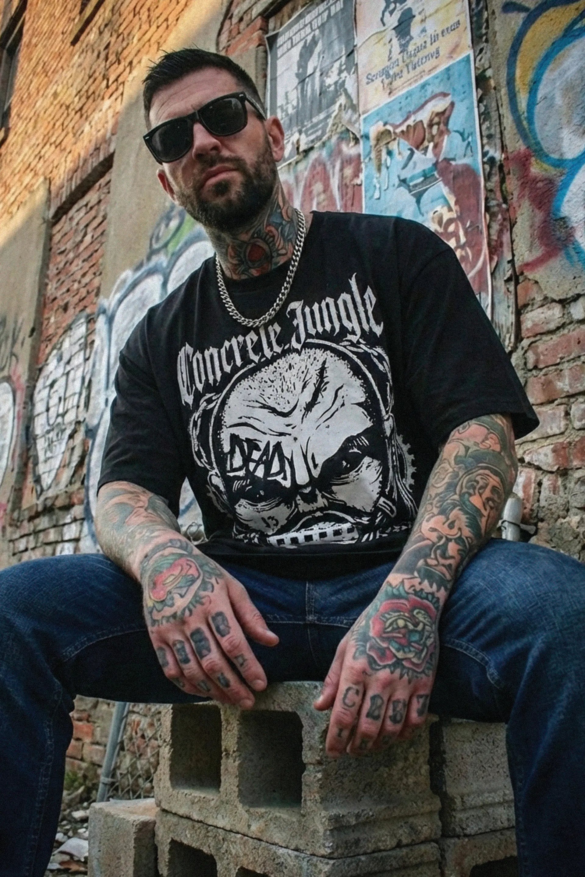 Concrete Jungle Mask Black Graphic Oversized Unisex T-Shirt