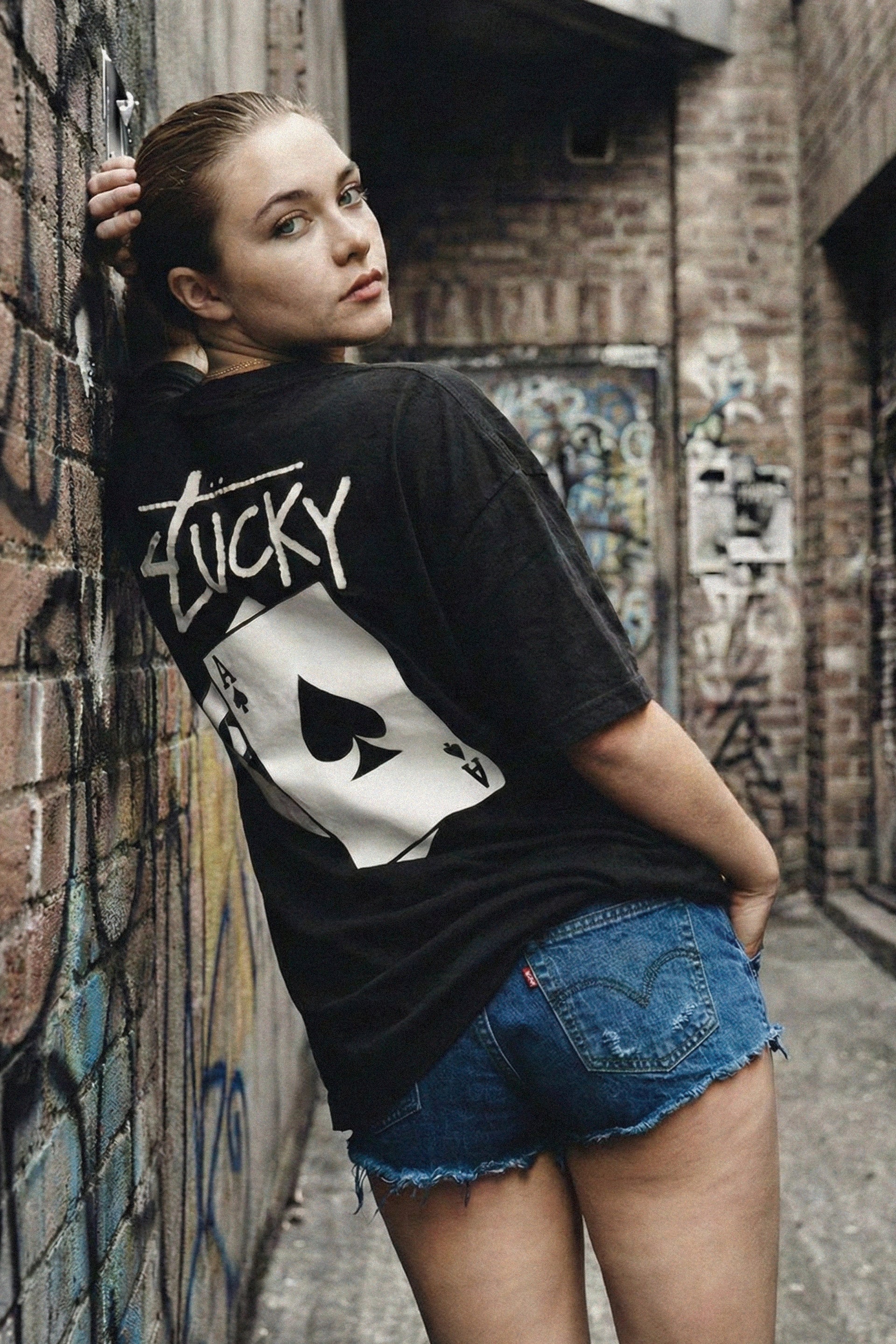 Oversized Unisex Lucky Aces  Black Graphic T-Shirt