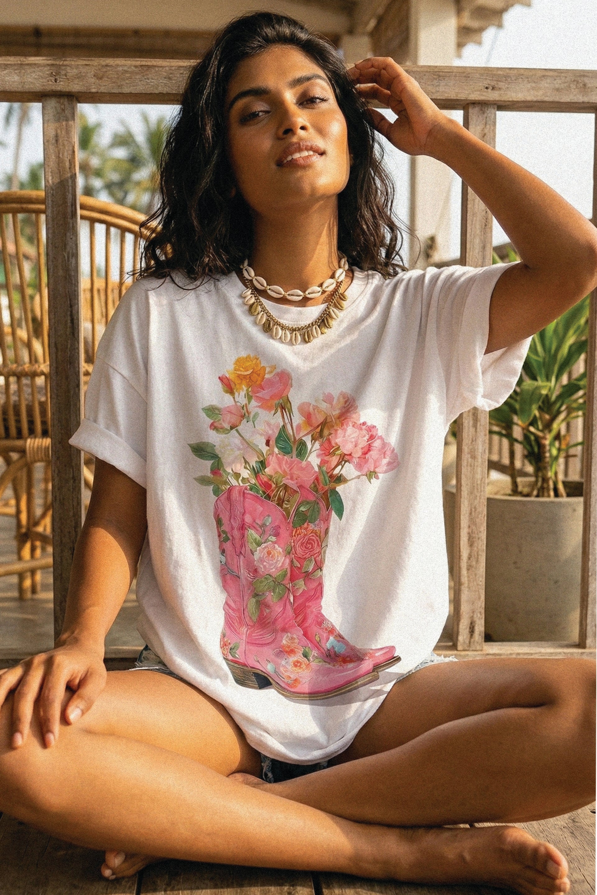 Pink Floral Boots Aesthetic T-Shirt
