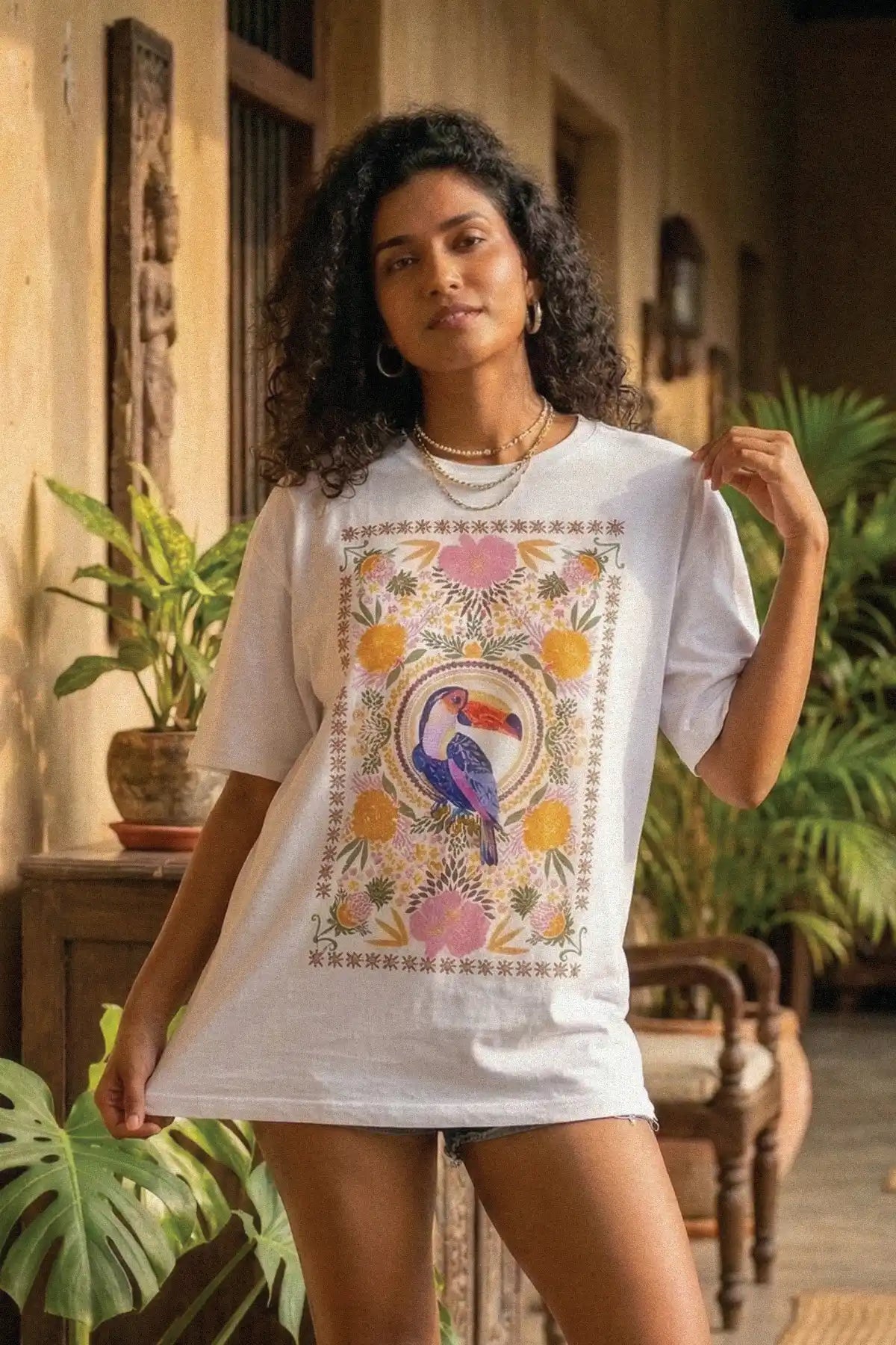Tropical Toucan & Floral Pattern T-Shirt